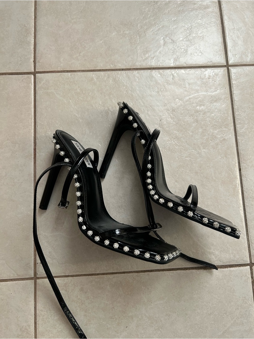 Steve Madden Black Patent Stiletto Sandals with Crystal Trim